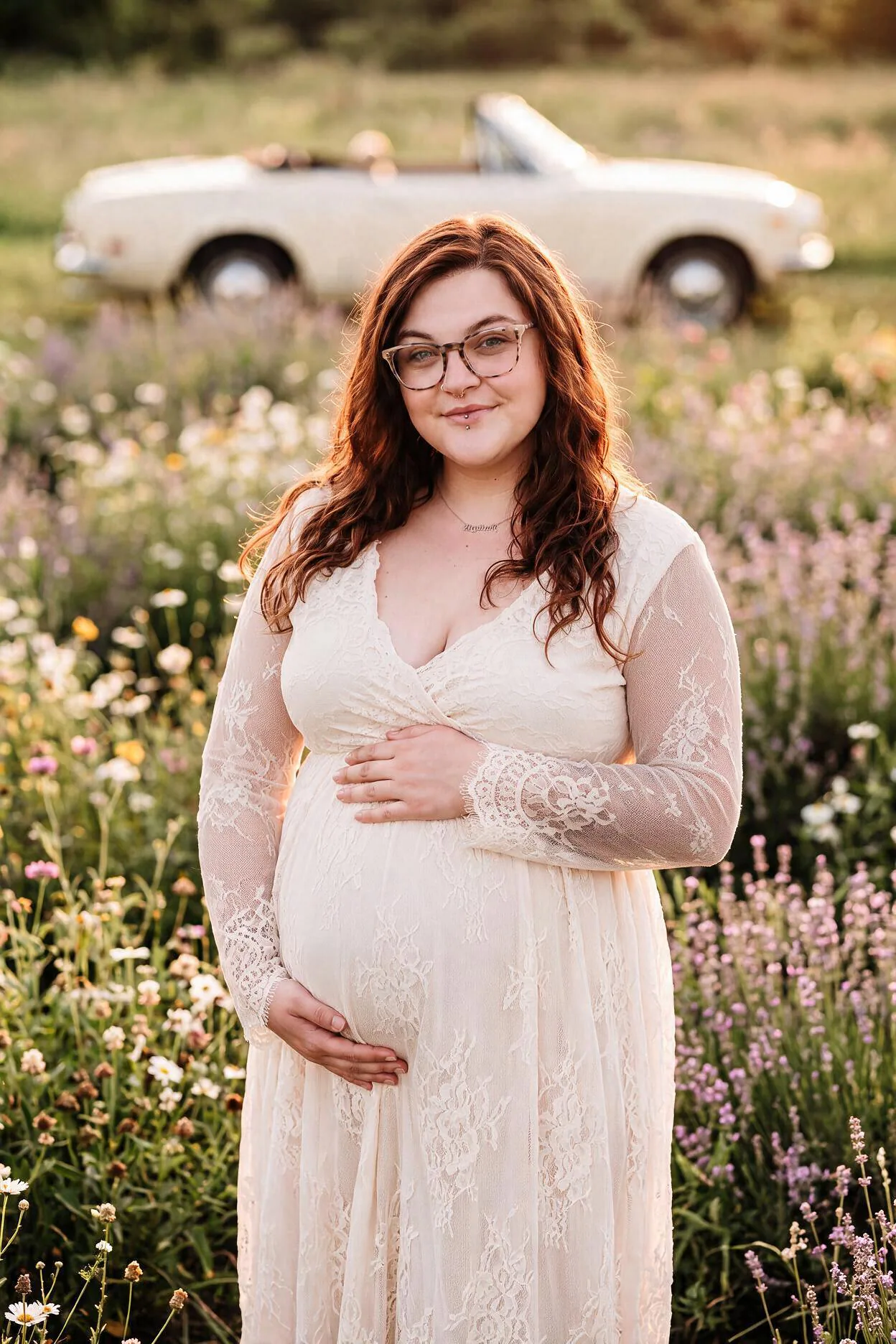 Kirbyy in a cream lace maternity dress in a wildflower field with a vintage convertible behind her