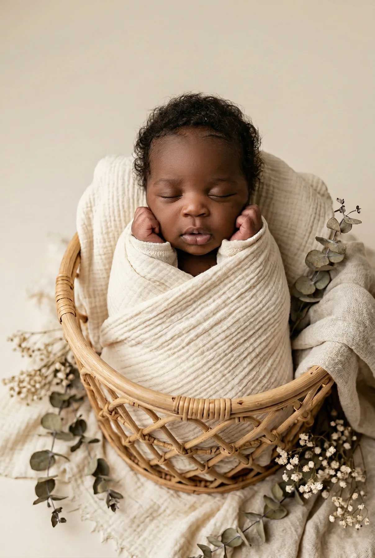 A newborn wrapped snugly in a cream blanket inside a woven basket