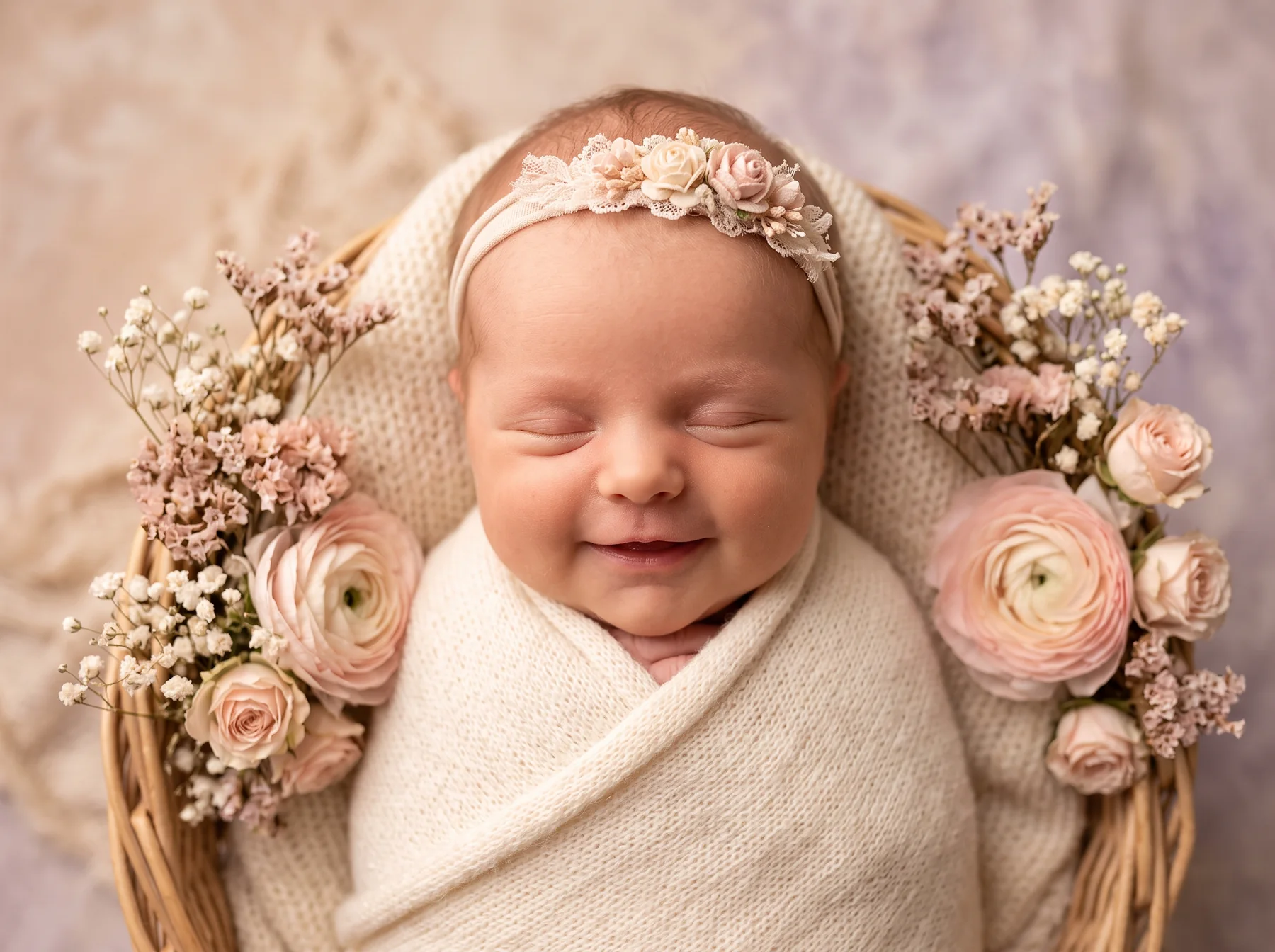 A sleeping newborn surrounded by delicate pink and cream flowers