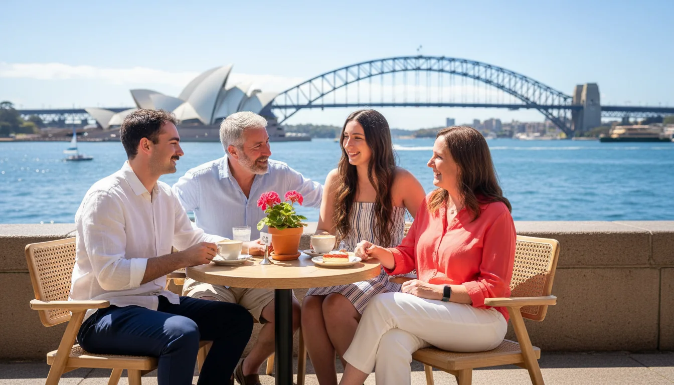 A multigenerational family sharing a meal overlooking Sydney Harbour