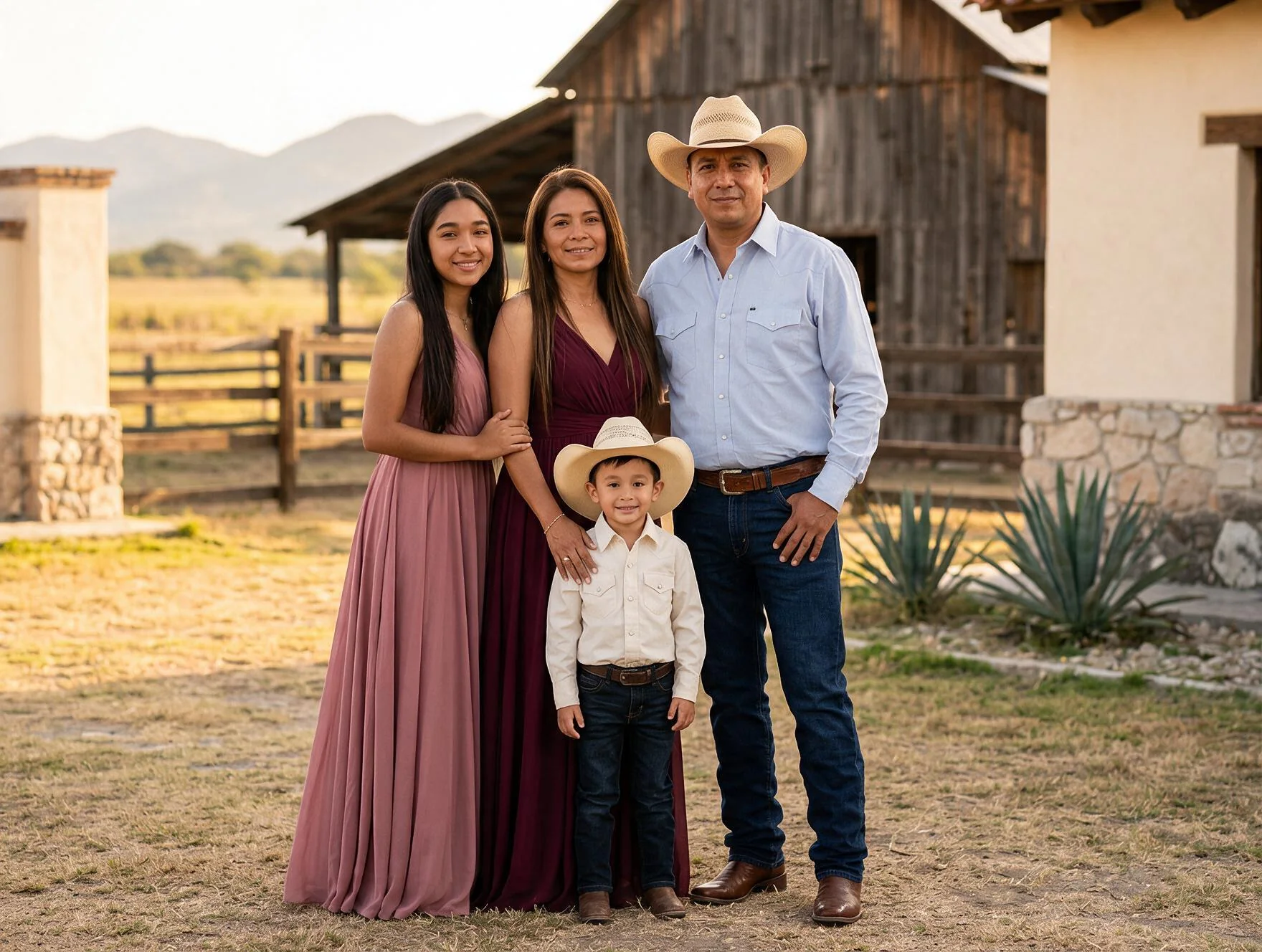 A family of four gathered for a warm country portrait