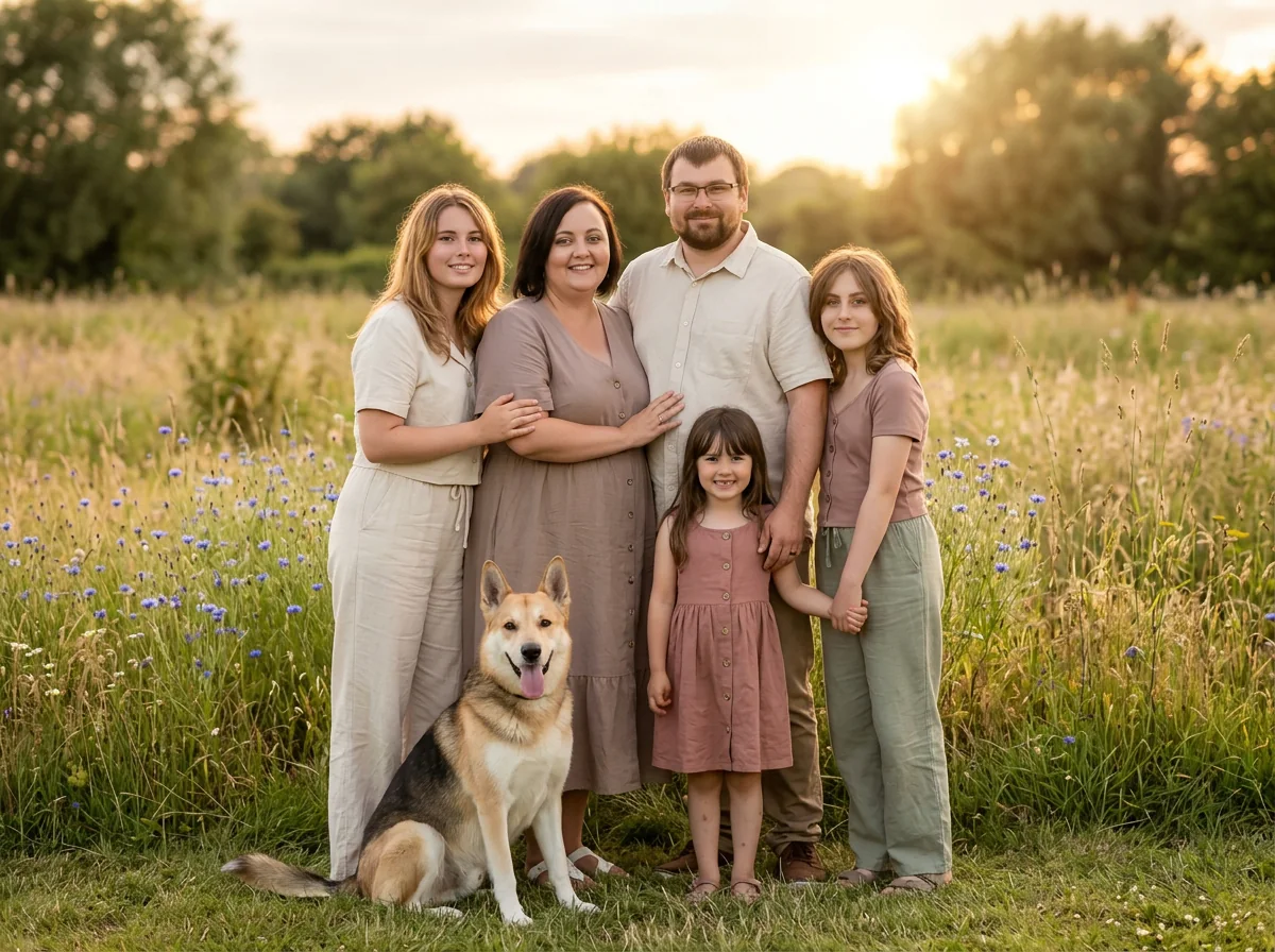 A family and their dog standing together in a wildflower meadow