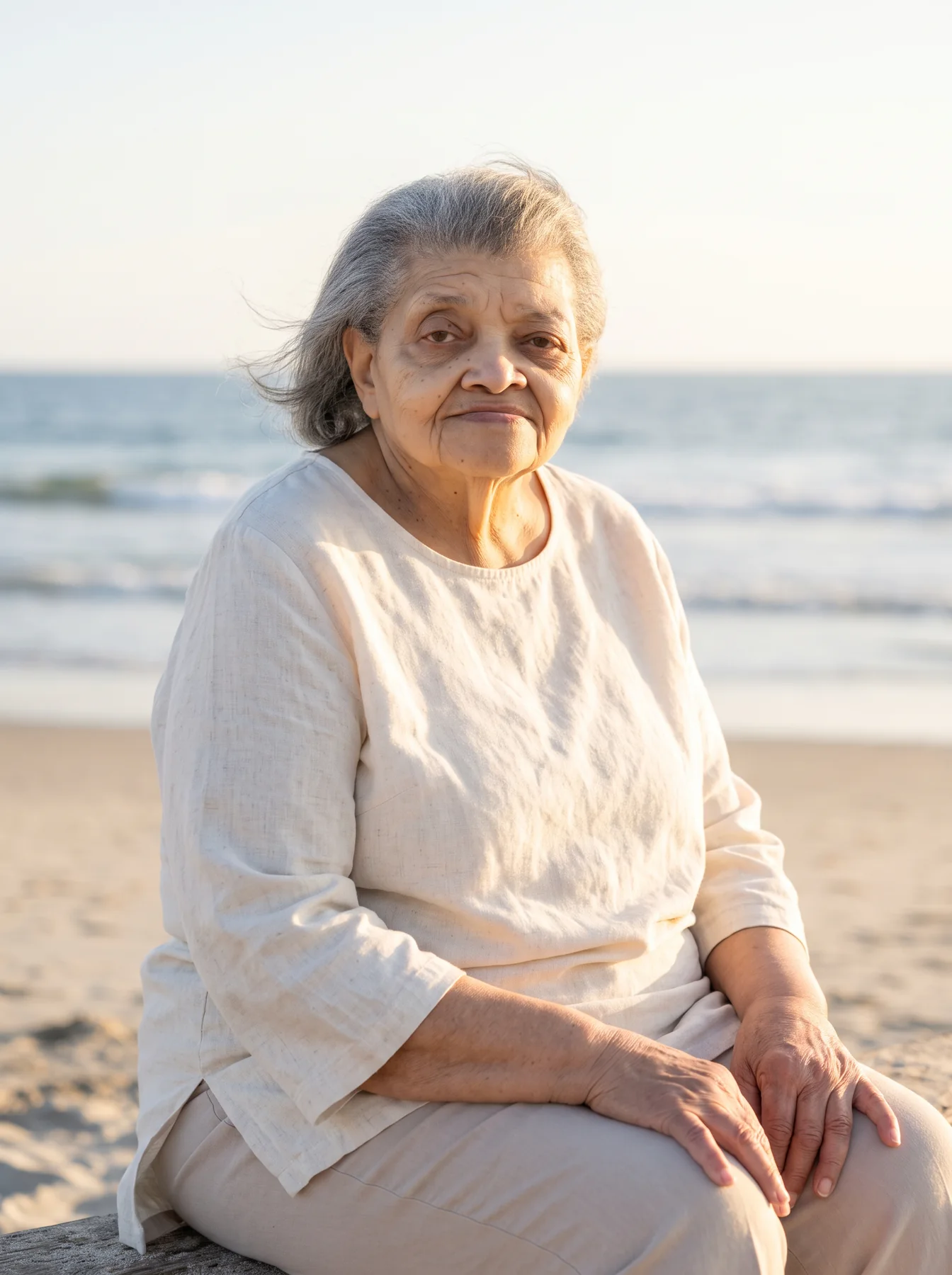A softly finished memorial portrait of an older woman beside the ocean