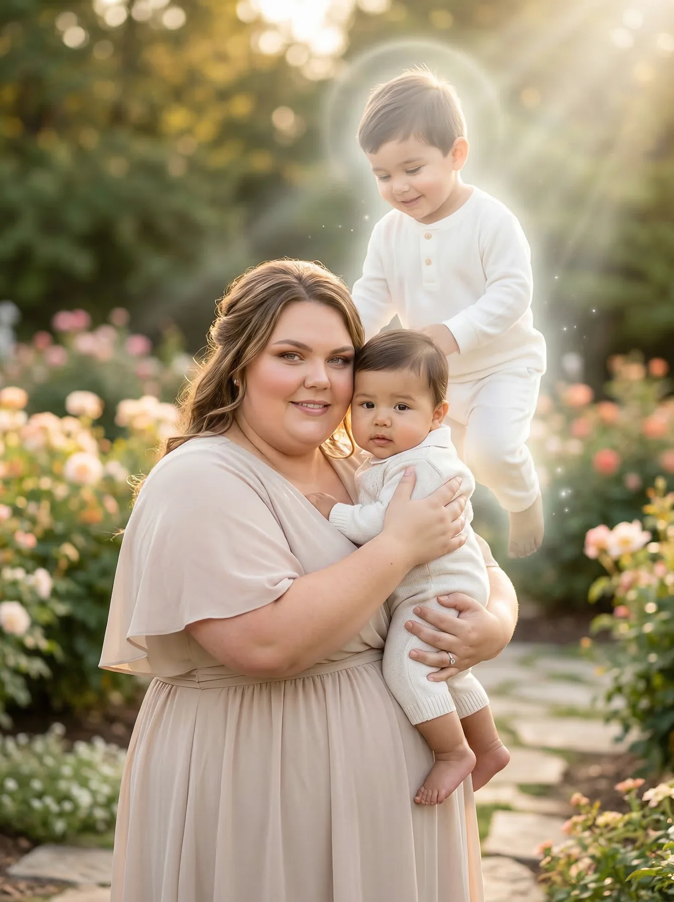 A mother holding a baby in a softly lit flower garden