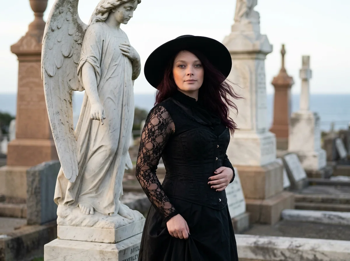 A woman in black posed beside a stone angel monument