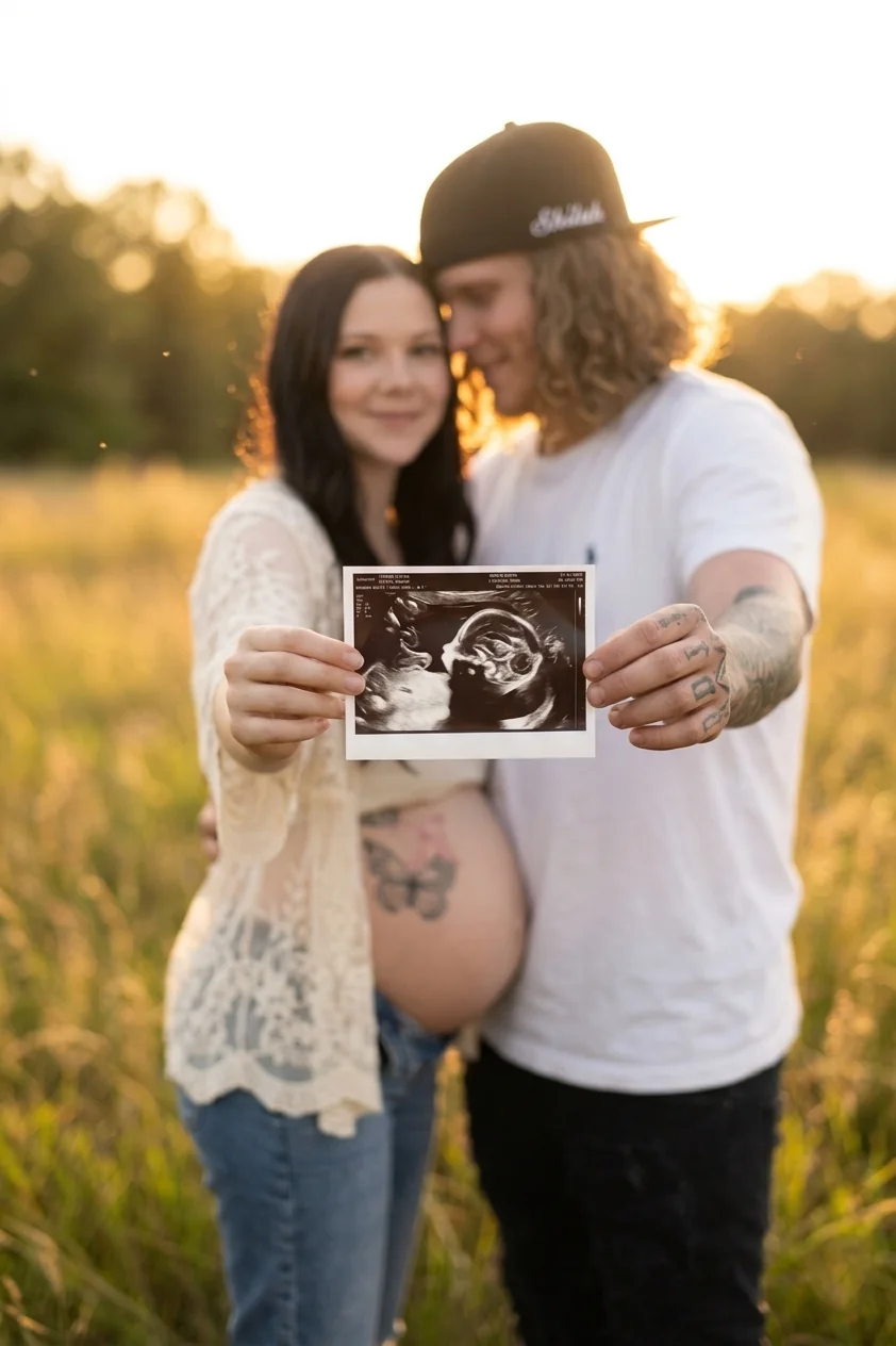 Expectant parents holding an ultrasound image together in warm evening light