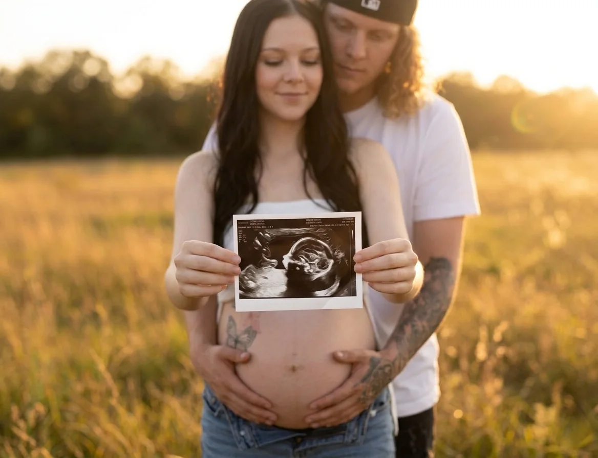 An expectant mother holding an ultrasound image in a sunlit meadow