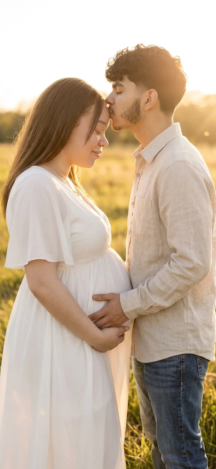 A close portrait of expectant parents standing together in golden light