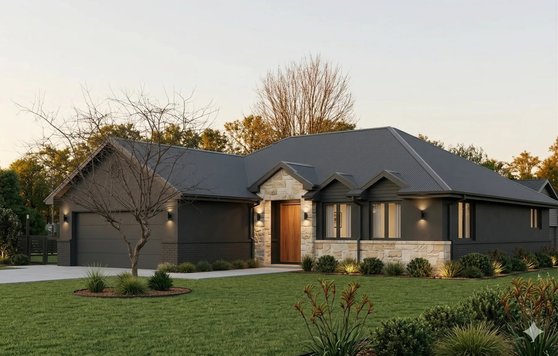 A dark contemporary home presented in warm twilight light