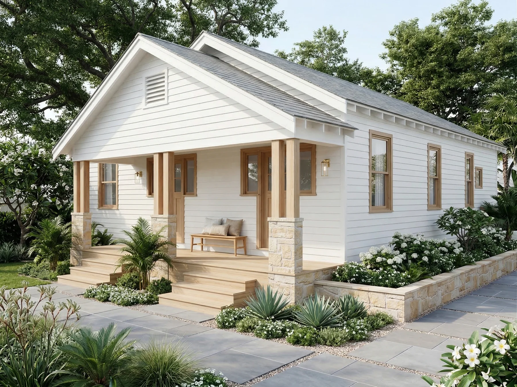 A compact white cottage with timber details and neat landscaping