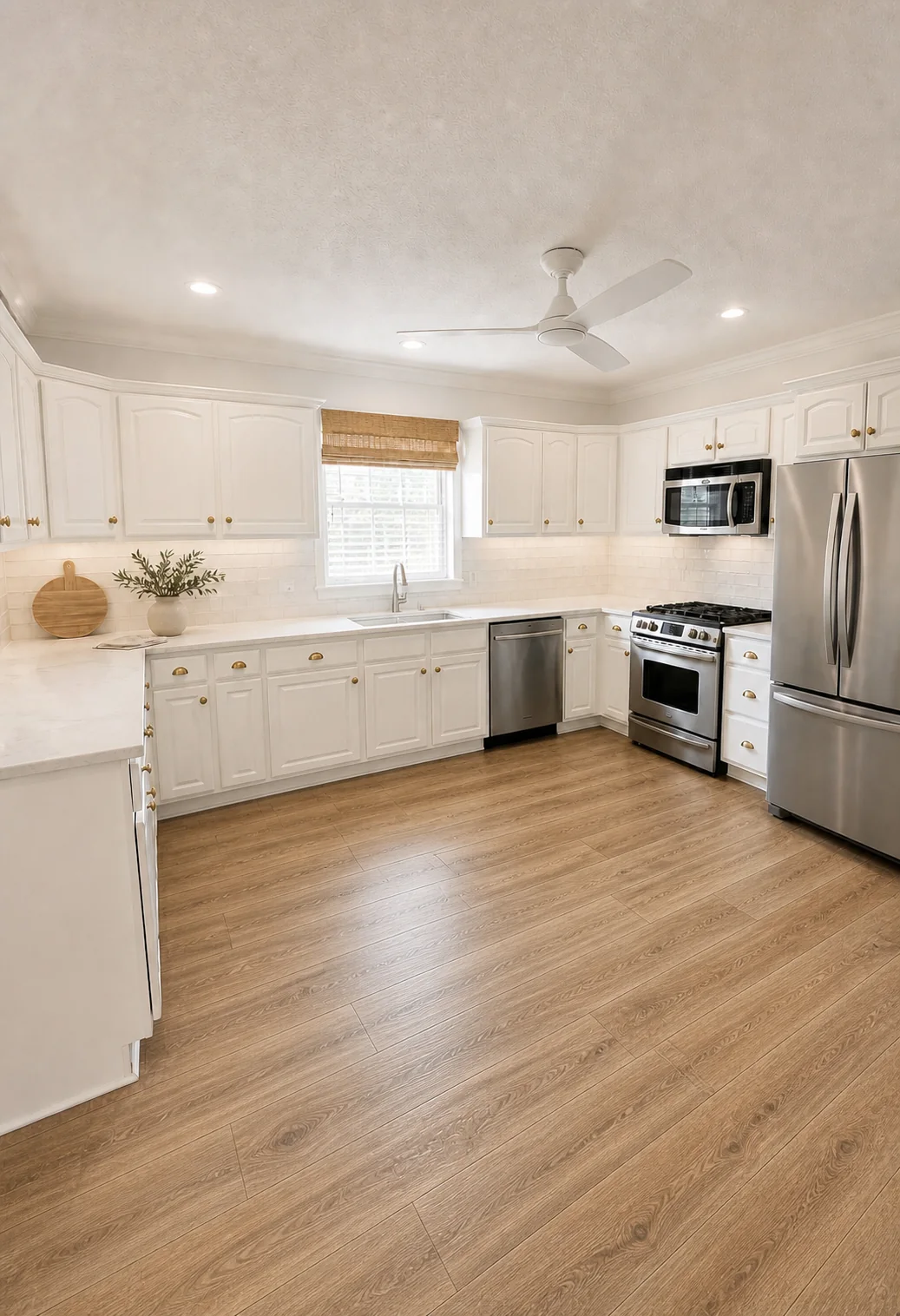 A bright white kitchen prepared for a clean real estate listing