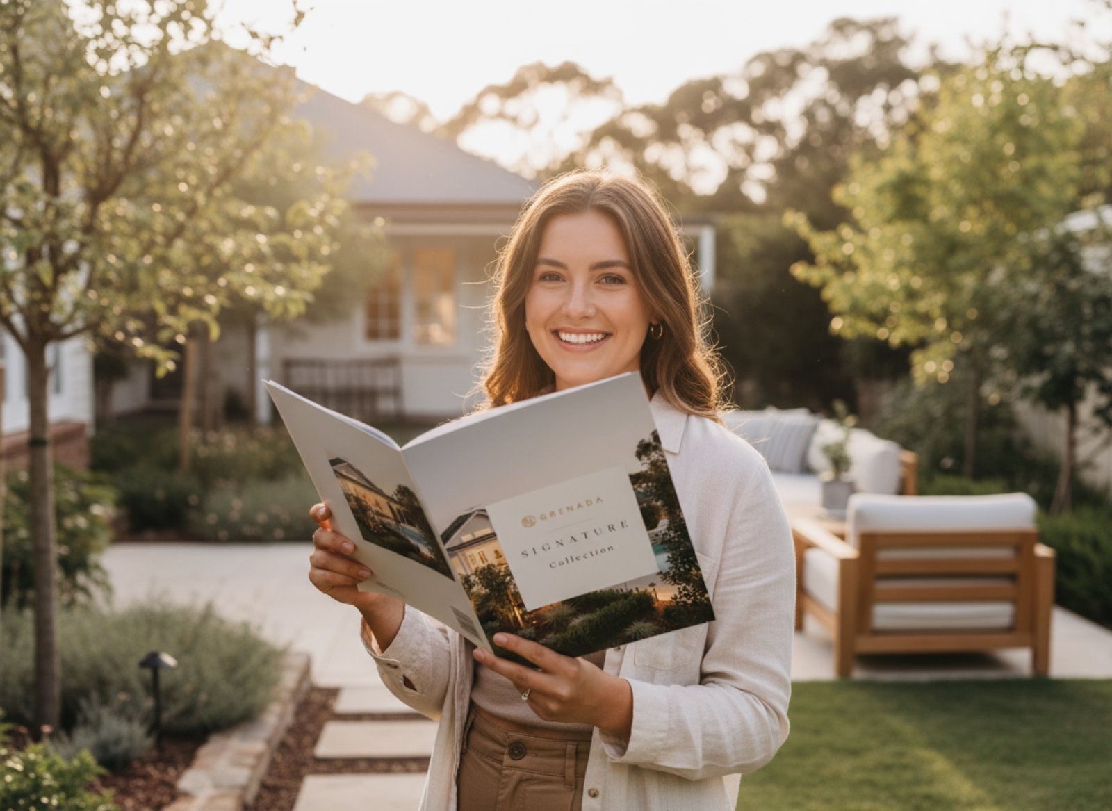A smiling woman holding a Grenada Signature Collection brochure in a sunlit garden