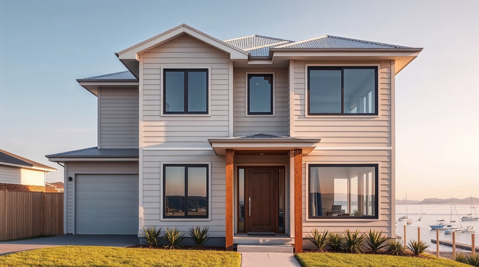 A two-storey weatherboard home with dark window frames overlooking a harbour with yachts
