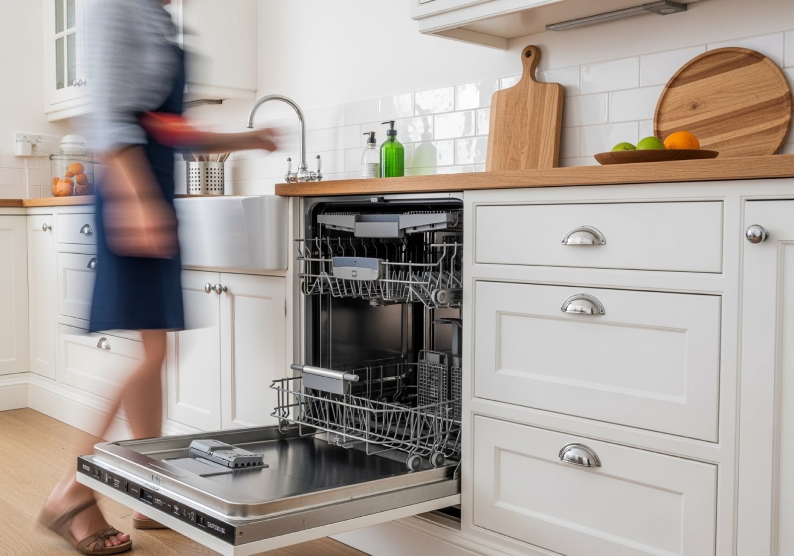 A person moving beside an open dishwasher in a white kitchen with timber benchtops