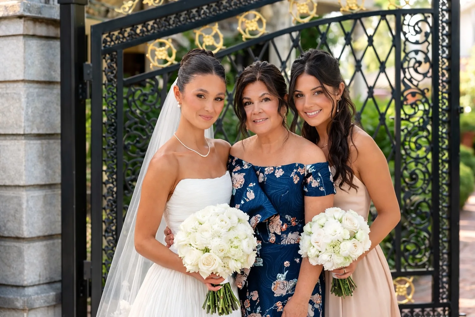 A bride standing with her mother and sister beside decorative garden gates