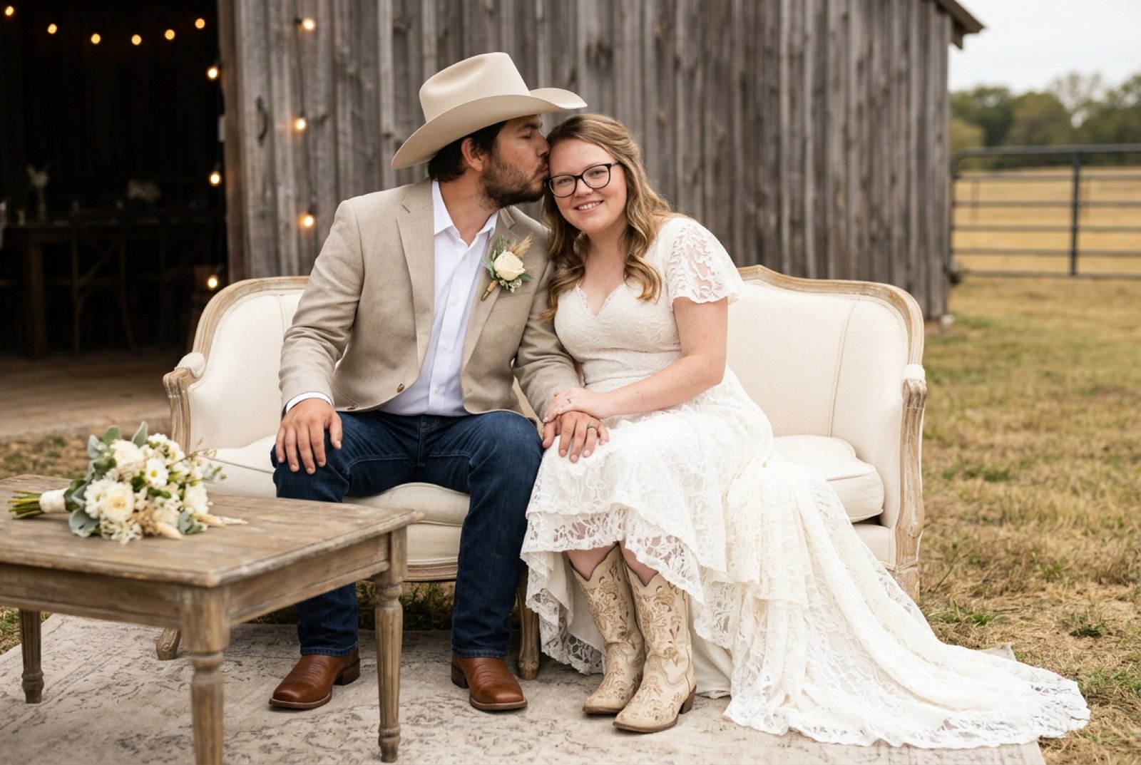 A groom in a cowboy hat kissing his bride’s forehead as they sit on a cream sofa beside a rustic barn