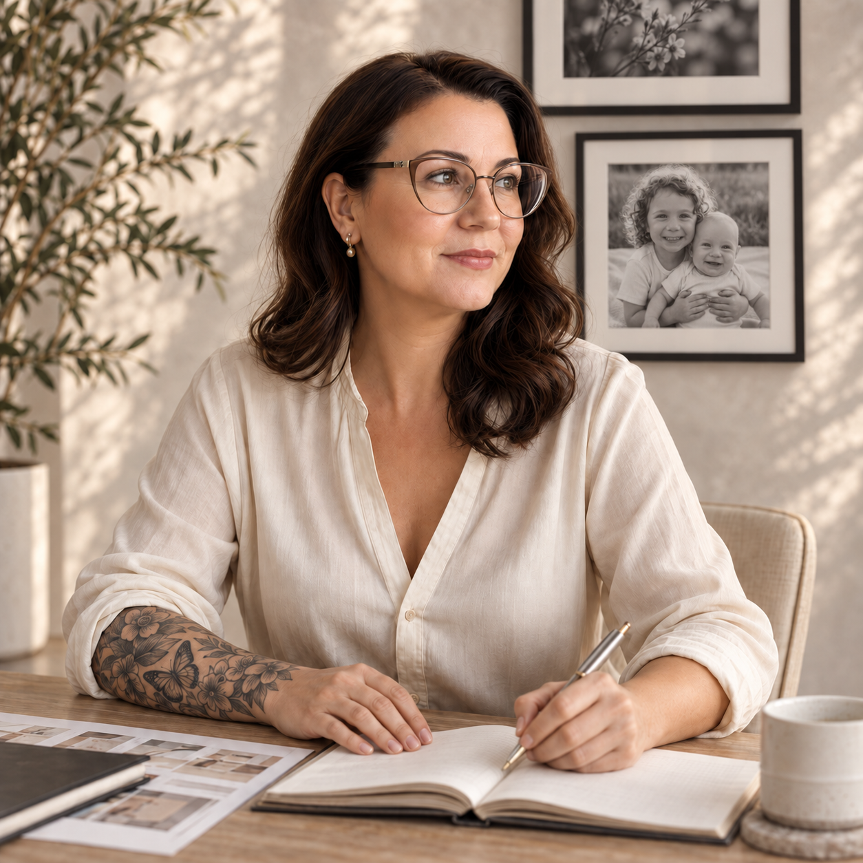 Maria seated at her studio desk, looking towards her personal note